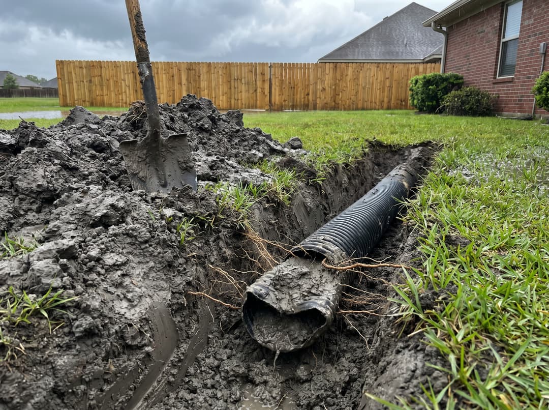 An old black corrugated drain pipe dug up from a backyard, crushed and packed with mud and roots.