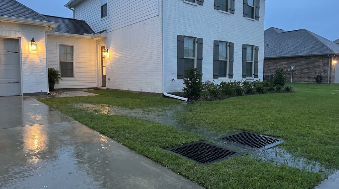Rainwater running across a side yard into two flush catch basin grates beside a brick house.