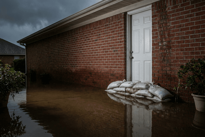 Muddy sandbags stacked against a white door as floodwater pools up to a brick house under a stormy sky.