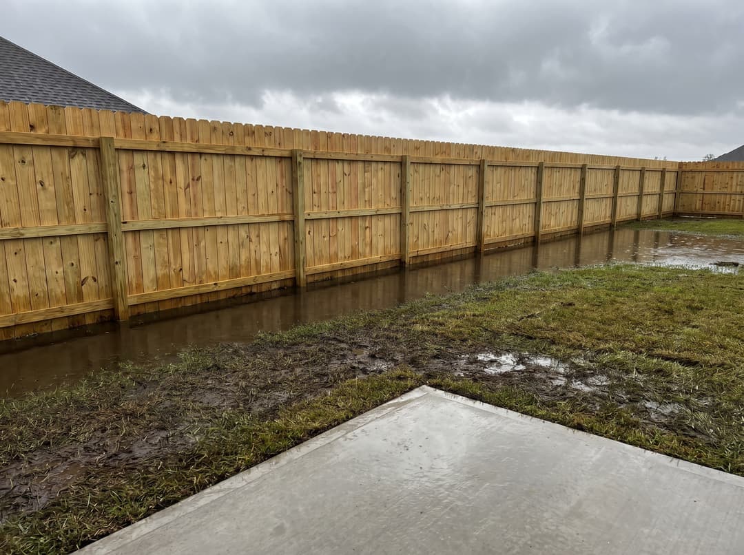Rainwater pooled along the base of a new wooden privacy fence where it blocks drainage out of the yard.